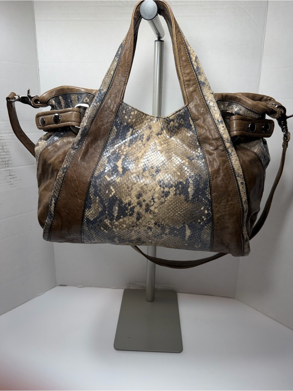 Kooba Brown Leather Snake Skin Pattern Handbag/Purse w/ Shoulder Strap